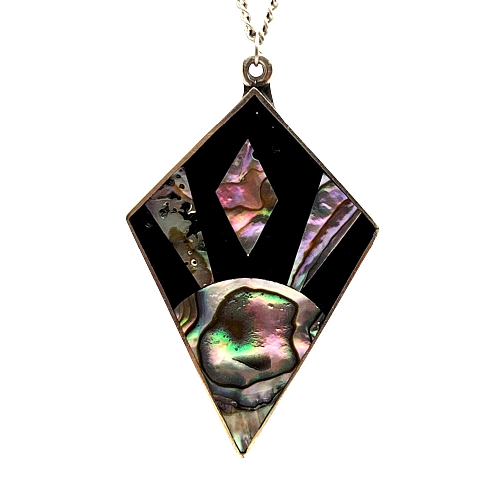Vintage Silver Inlaid Mother of Pearl and Jet Art Deco Design Pendant 18" Chain